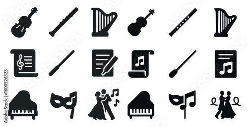 Music and instrument solid icons set – silhouette, filled, orchestra symbols