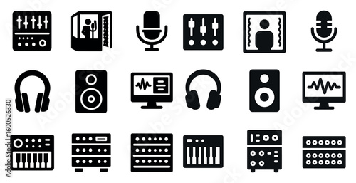 Audio and music solid icons set – filled, sound, recording symbols