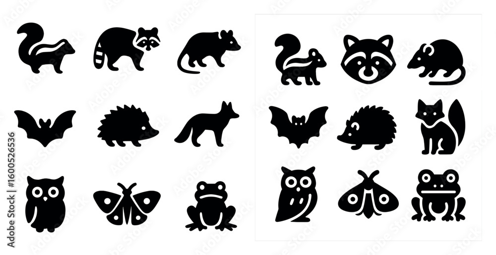 Obraz premium Wildlife silhouette icons set – solid, outline, animal and nature symbols