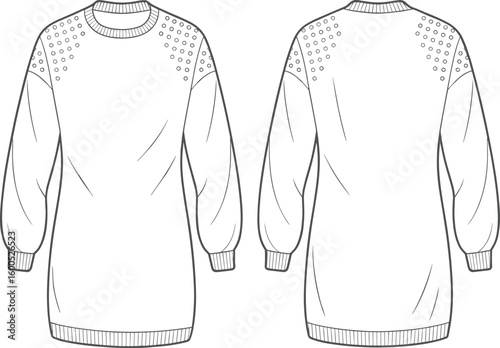 Women’s oversized long sleeve sweater dress flat sketch with front and back views, shoulder stud design, CAD vector illustration