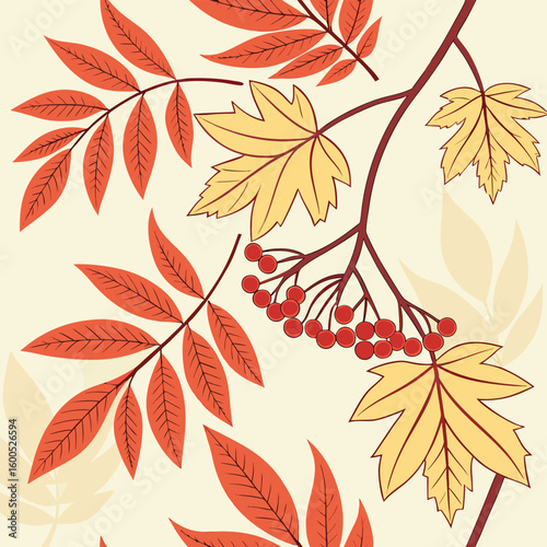 An autumnal seamless pattern of maple and oak leaves creates a warm, natural foliage background design