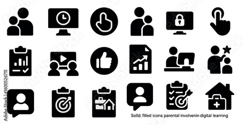 Parental engagement solid icons set – filled, digital learning and involvement graphics