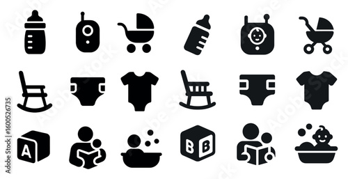 Baby essentials solid icons set – filled, infant care, parenting symbols