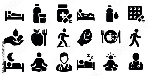 Healthcare and wellness solid icons set – silhouette, filled, medical symbols