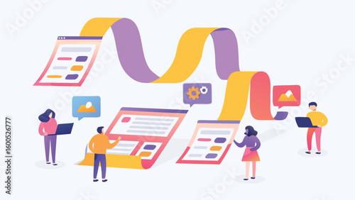 People collaborating on a workflow process with connected web pages and digital communication tools online