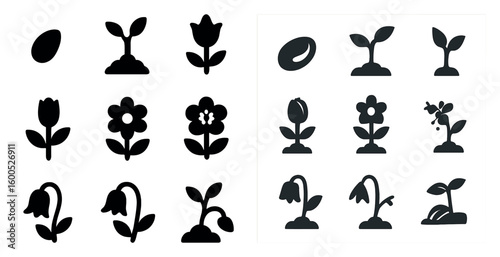 Nature and gardening solid icons set – filled, silhouette, plant and floral symbols