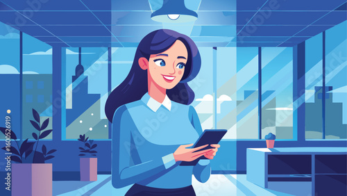 Smiling woman in blue shirt using a smartphone in a modern office