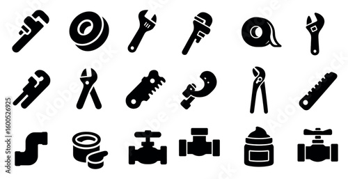 Plumbing tools filled icons set – solid, pipework, repair symbols