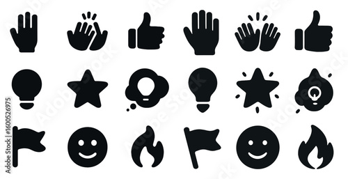 Communication and gesture icons set – solid, filled, hand and smile symbols