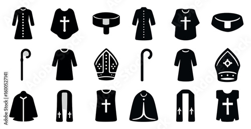 Religious garments silhouette icons set – spiritual, clerical attire symbols