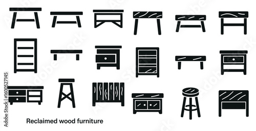 Reclaimed wood furniture icons set – solid, silhouette, home decor symbols