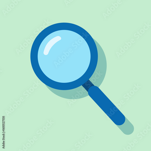 Modern flat icon of a magnifying glass with blue handle and clear lens, placed on soft green background. Perfect for representing search, focus, or inspection themes