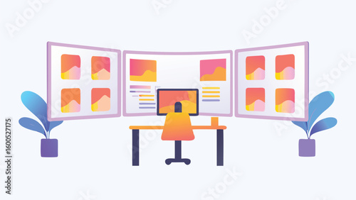 Illustration of a workspace setup with multiple monitors, desk, chair and plants in a light room