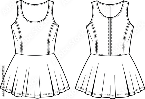 Pleated tennis dress flat sketch, women sleeveless activewear design with fitted bodice, technical sewing lines, front and back view drawing