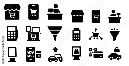Shopping and retail icons set – solid, filled, e-commerce and store graphics