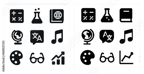Education and learning icons set – solid, filled, school and study symbols