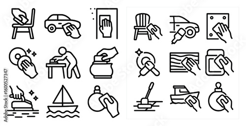 Cleaning and maintenance icons set – outline, linear, household hygiene symbols