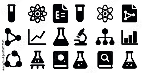 Science and research icons set - solid, filled, lab and analysis symbols
