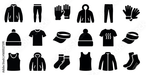 Winter clothing solid icons set – apparel, garment, accessories symbols