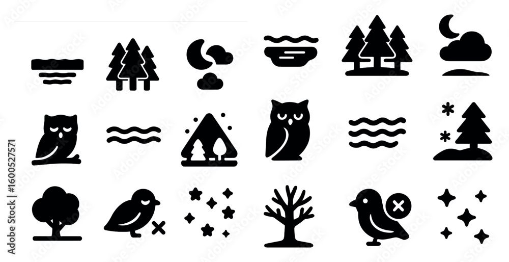 Obraz premium Nature and wildlife silhouette icons set – trees, owls, minimalist forest symbols