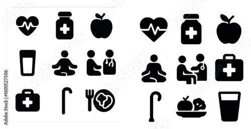 Health and wellness icons set - solid, filled, medical and fitness symbols