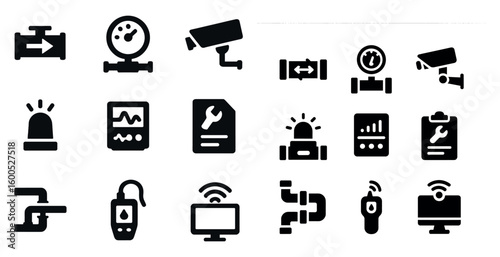 Industrial equipment solid icons set – manufacturing, machinery, tools and safety