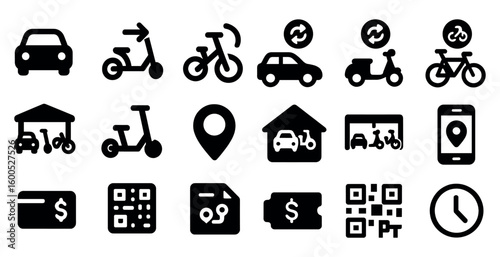 Transportation and rental solid icons set – silhouette, mobility, sharing symbols