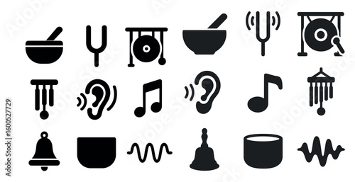 Sound and music solid icons set – flat, filled, audio and frequency symbols