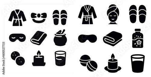 Spa and relaxation solid icons set – silhouette, filled, wellness and pampering symbols