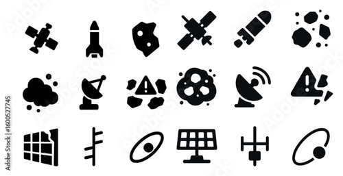 Space exploration silhouette icons set – filled, galactic, satellite symbols