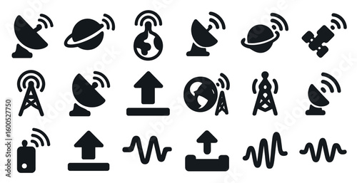Satellite and communication filled icons set – solid, network, broadcasting symbols