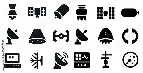 Space exploration silhouette icons set – solid, filled, satellite and astronomy designs