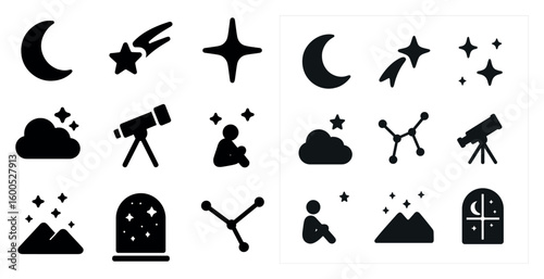 Night sky solid icons set – filled, celestial and astronomical symbols