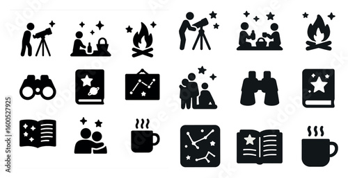 Astronomy and stargazing solid icons set – filled, celestial, night sky symbols