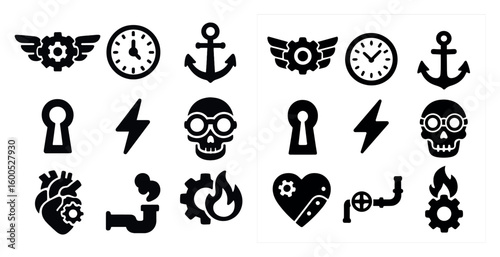 Steampunk solid icons set – industrial, mechanical, retro design symbols