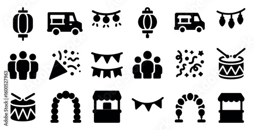 Festival and celebration icons set – solid, filled, party and event symbols