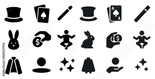 Magic and wizardry silhouette icons set – filled, line, mystical and fantasy symbols