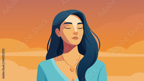 Woman in blue shirt with eyes closed against an orange sky