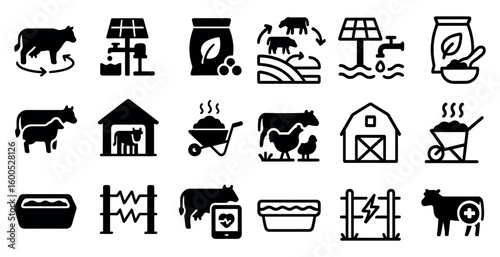 Dairy farming solid icons set – filled, agriculture, livestock management graphics