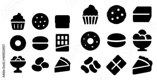Bakery and dessert silhouette icons set – sweet treats, pastries, confectionery symbols