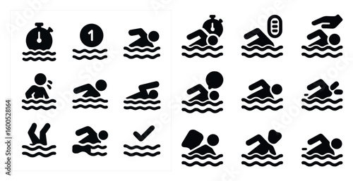 Swimming and diving solid icons set – filled, aquatic, water sports graphics