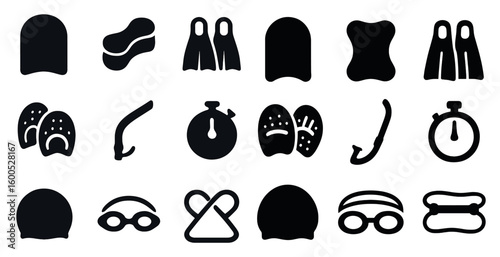 Swimming and diving silhouette icons set – solid, filled, water sports symbols