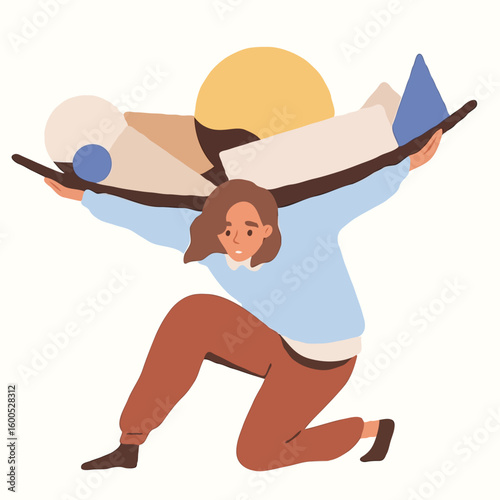 Young woman lifting abstract shapes while squatting in a creative pose  
