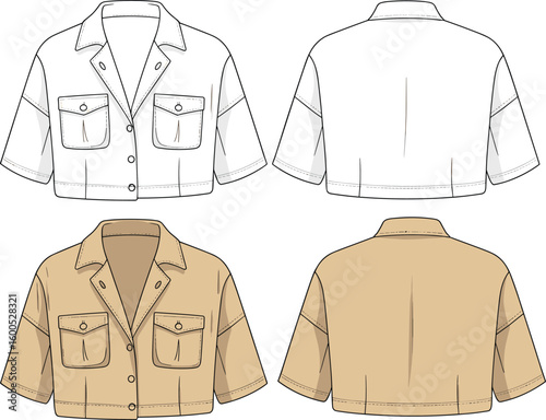 Short sleeve cropped utility shirt flat sketch, front and back view, button down, flap pockets, cad fashion technical illustration