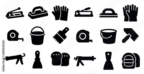 Construction tools silhouette icons set – flat, solid, building and equipment symbols