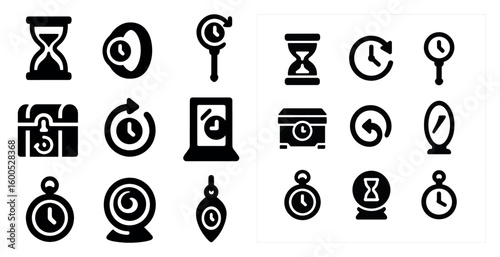 Time management silhouette icons set – clocks, schedules, productivity symbols