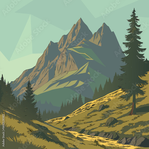 Alpine peaks pierce the sky above a panoramic valley with a verdant forest and snow-dusted trees, evoking a serene winter or vibrant summer mountain landscape