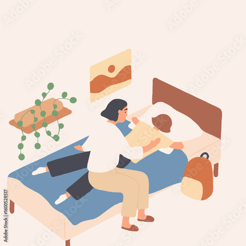 Woman reading a book to child while sitting on bed in bedroom  