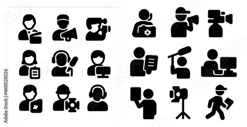 Film and production silhouette icons set – solid, filled, movie and broadcast symbols