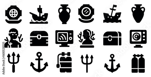 Underwater and nautical icons set – solid, filled, marine and diving symbols